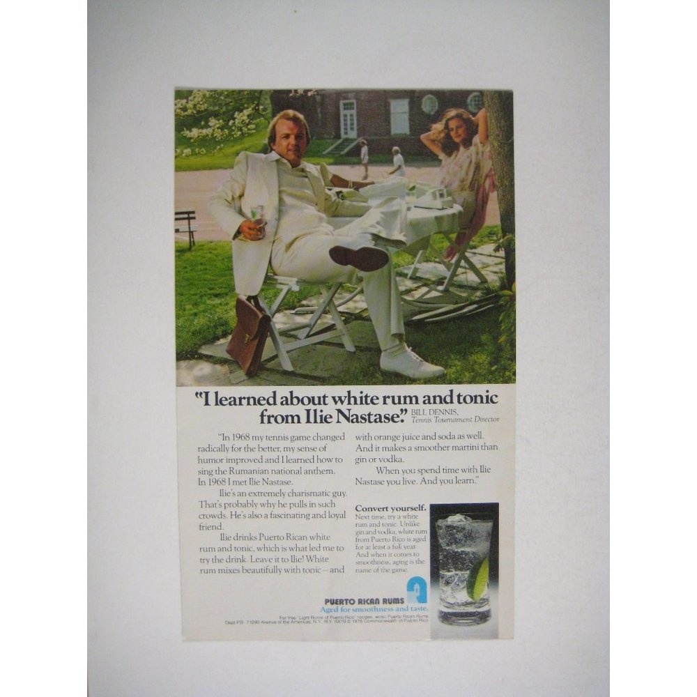 Porter Rican Rum Bill Dennis Tennis Vintage 1968 Print Ad 9 in Tall